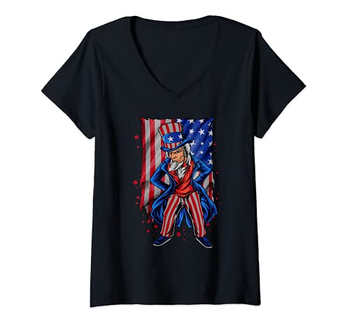 Mujer Uncle Sam Patriotic July 4th American Flag USA Patriot Dad Camiseta Cuello V