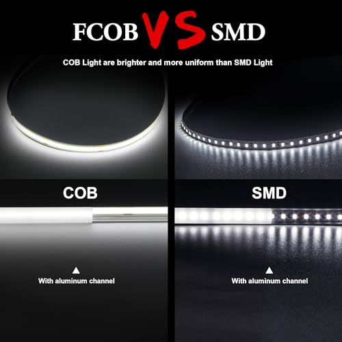 Image of COB LED Strip, White LED Strip Lights 32.8ft, Daylight White 6000K LED Light Dimmable LED Strip, CRI92+, 8mm Width, 24V Flexible COB LED Tape Light for TV, Bedroom, Kitchen Cabinet, Closet.