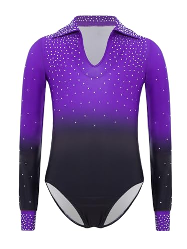 TiaoBug Jungen Langarm Sport Body Farbverlauf Gymnastikanzug Turnanzug Ballett Anzug mit Kentkragen Eiskunstlauf Leotard Tanz Trikot Lila 170