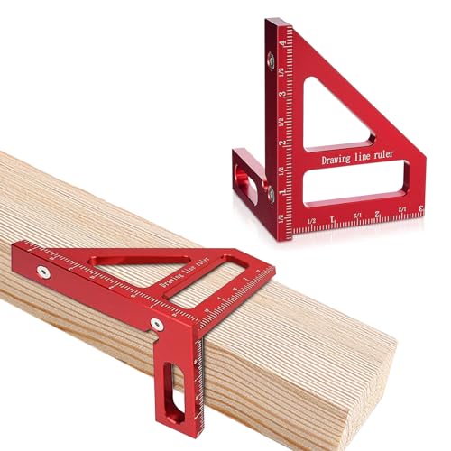 3D Multi Angle Measuring Ruler, 45° & 90° Degree Triangle Scriber Square Protractor, Miter Triangle Ruler Measuring Tool for Engineer Aluminum Inch Scale for Carpenters and Woodworkers (Red)