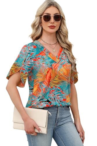 Image of WIHOLL Womens Summer Tops Short Petal Sleeve Shirts Fashion V Neck Womens Clothing