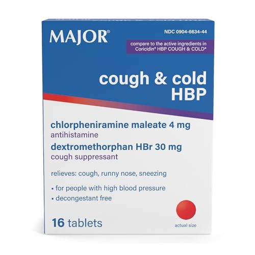 Major Cough and Cold HBP Tablets - Antihistamine and Cough Suppressant for People with High Blood Pressure - Dextromethorphan HBr Chlorpheniramine Maleate - 16 Count (1 Pack)