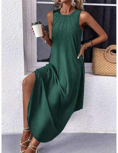 Image of Zeagoo Women Floral Summer Casual Beach Printed Tank Dress with Pockets Pleated Front Long Dress