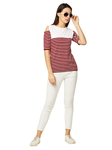 Image of Miss Chase Women's Navy Blue and White Round Neck Half Sleeves Striped Cold Shoulder Top