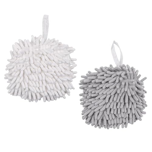 2 Pcs NUZAMAS Chenille Hand Towels Fuzzy Ball Towel White and Gray Fast Drying Handball Absorbent Soft Towel Hanging Towel for Kitchen Bathroom