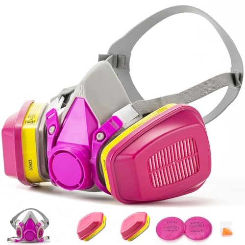 RANKSING Reusable Respirator Gas Mask Half Face Shield 6200 with 60923 and 2097 Filters for Dust, Fumes, Asbestos, Chemicals and Other Particles while Painting, Spraying, Polishing, Medium Pink
