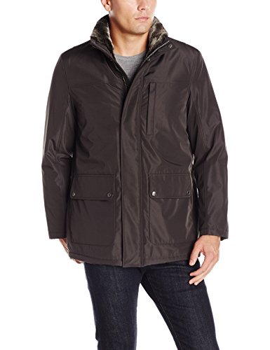 Cole Haan Signature Men's Stand Collar Nylon Jacket with Faux Fur Lining, Brown, Large