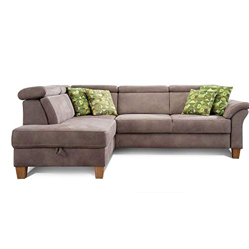 Cavadore Ecksofa Ammerland mit Ottomane links / Federkern-Sofa im Landhausstil mit verstellbaren Kopfstützen / 245 x 84 x 194 / Lederoptik hellbraun