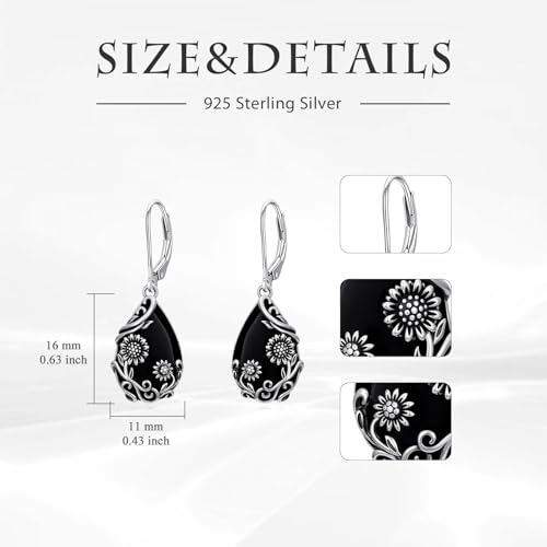 Boucles d'oreilles onyx noir en argent 925 de style goutte et fleur