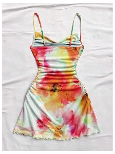 Image of BEAUDRM Women's Y2k Floral Mini Dress Summer Beach Vacation Dress Mesh Ruched Spaghetti Strap A Line Sundress