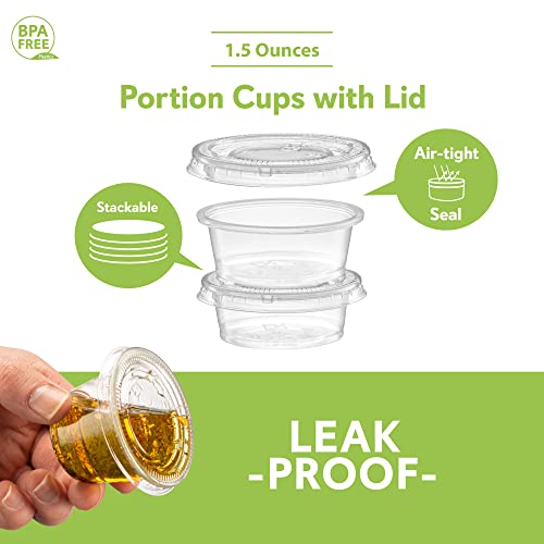 Image of 1.5 oz - 100 Sets Clear Diposable Plastic Portion Cups With Lids, Small Mini Containers For Portion Controll, Jello Shots, Meal Prep, Sauce Cups, Slime, Condiments, Dressings, Crafts, Disposable