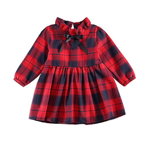 Kuriozud Toddler Baby Girl Christmas Plaid Dress Long Sleeve Mock Neck Pleated Dress (Long Sleeve Plaid Dress A, 2-3T)