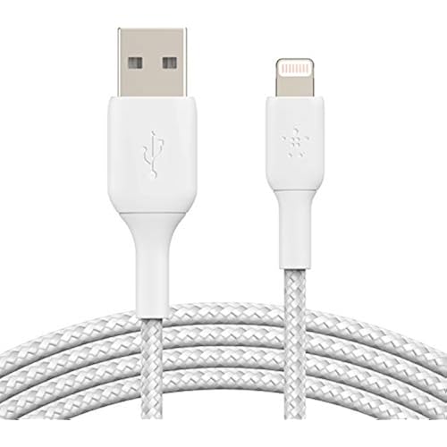 Belkin BoostCharge Braided Lightning Cable - 6.6ft/2M - MFi Certified Apple iPhone Charger USB to Lightning Cable 6ft - iPhone Cable - iPhone Charger Cable - Apple Charger - USB Phone Charger - White