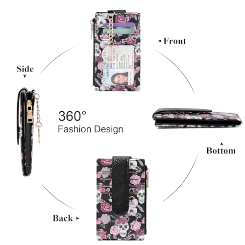 Image of GOIACII RFID Slim Card Holder Wallet with ID Window Thin Bifold Wallet for Womens Zipper Coin Pocket Goth Skull & ROSE