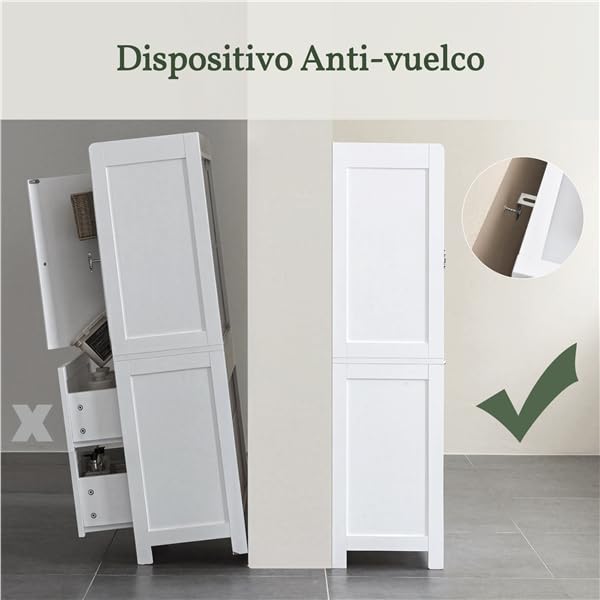 Yaheetech Armario de Suelo para Baño Clásico Mueble 60x30x115cm Blanco | para Salón Cocina Entrada, con 2 Puertas y 2 cajones, Borde Elevado, Estante Ajustable Mueble de Madera de Almacenaje