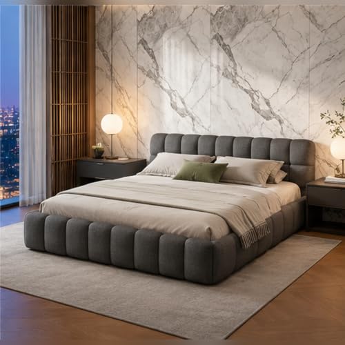 HYNHXBP Lit Bulle 160x200 avec sommier à Lattes et tête de lit rembourrée, Cadre de lit Bas, Lit Double capitonné,Lin, sans Matelas (Gris, 160 x 200 cm)