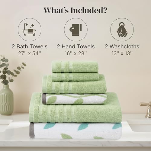 Image of Modern Threads 6 Piece Bath Towel Set - Bathroom Set with 2 Bath Towels, 2 Hand Towels, and 2 Wash Cloths - 100% Cotton, Super Absorbent & Extra Soft - Reversible Natural Vine (Sage Green)