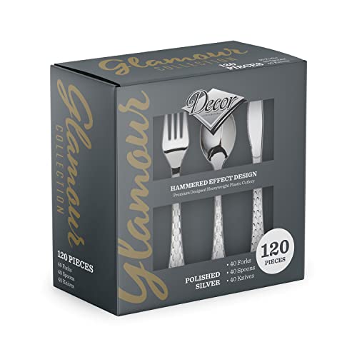 Decorline - Set de Vaisselle en Plastique Réutilisable et Résistant - 120 Pièces/pour 40 Personnes - Cuillères, Fourchettes et Couteaux Résistants,...