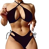 Favnac Sexy Bikini for Women Underwire Swimsuits Criss Cross Halter Swimwear Spaghetti Strap Bathing Suit 2 Piece Black Small