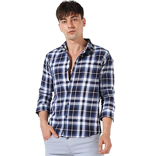 Image of CAHOOT Men's Blue Checkered Collared Button Up Shirt for Casual Wear | Shirt Crafted with Regular Sleeve, Comfort Fit & High-Performance for Everyday Wear