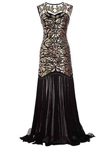 ruirui-home Robe longue vintage années 1920 à franges et paillettes - Robe sans manches avec dos en V - Pour mariage, demoiselle d'honneur, cocktail, soirée formelle, noir/doré, XXL Cover