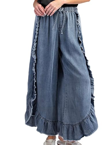 Zontroldy Women's Drawstring Elastic High Waisted Baggy Wide Leg Ruffle Hem Flared Denim Pants Boho Trousers