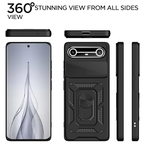 Image of Heavy Duty Back Case Cover for Tecno Pova Slim 5G, Shockproof Tecno Pova Slim Back Cover, Ring Case with Kickstand and Camera Protection Shutter - Black