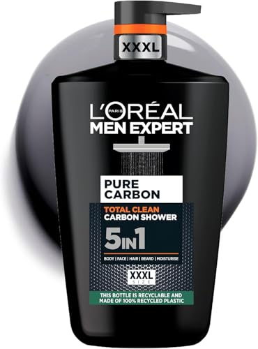 L'Oreal Paris Men Expert Pure Carbon 5-in-1 Body Wash & Shampoo XXXL 1L, Daily Shower Gel, for Cleansing Body, Face, Hair & Beard, Recycable Bottle made of 100% Recycled Plastic