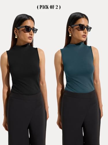Image of KOTTY Women's Sleeveless High Neck Ribbed Tank Top Combo Pack of 2 Stylish Casual & Office Wear Tops