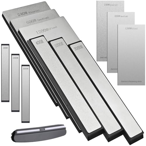 Diamond Sharpening Stone Set, Coarse/Medium/Extra Fine, 240/400 /600/1000 /1200/3000 Grit Knife Sharpener, 2 Sizes Whetstone Tool with Non-Slip Base, Diamond Plate Honing Stone, Hone Sharpener