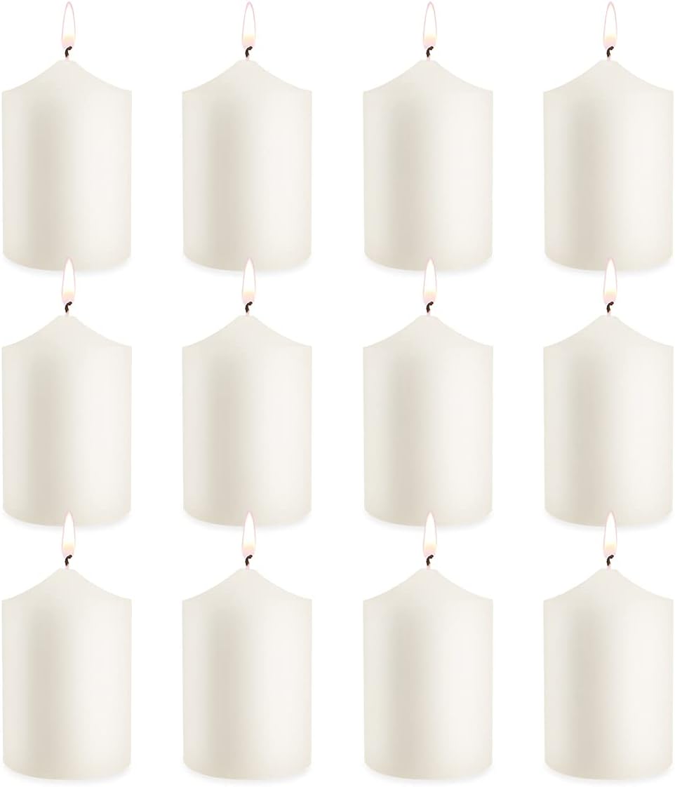 12 Pack Ivory 2x3 Inch Pillar Candles, 22 Hours Unscented