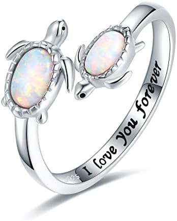 EJALEN 925-Sterling-Silver Opal Sea Turtle Ring - I Love You Forever Adjustable Open Nature Ocean Mother Daughter Rings Jewelry Cute Animal Sea Turtle Gifts for Women Girls