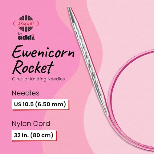 Image of skacel by addi Ewenicorn Rocket Circular Knitting Needles, Fixed 32 Inch (80 cm) White Chrome Plated Brass Tips with Flexible Nylon Cord, 6.5 mm (US Size 10.5)