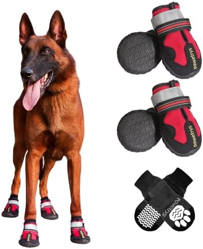 Dog Shoes with Anti-Slip Socks, WaterProof Dog Boots with Adjustable Reflective Straps, Comfortable and Breathable Paw Protectors for varied complex terrains, 4PCS, SIZE 8