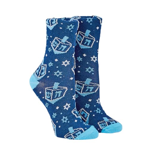 Image of Rite Lite Hanukkah Socks | Adult Crew Sock Fits Shoe Size 8-12 Blue Menorah & Star of David Metallic Chanukah Cozy Socks Jewish Holiday Party Favors Accessories Decorations Gifts (Menorah Stars)