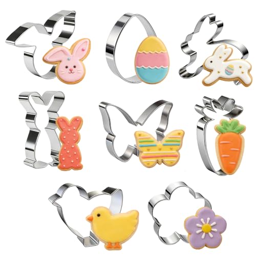 Mini Easter Cookie Cutters, 8PCS Small Stainless Steel Easter Bunny Set - 3 Rabbit Shapes (Standing, Floppy Ear, Running), Egg, Carrot, Chick, Butterfly, Flower by Crethinkaty - Used condition - US$6.14