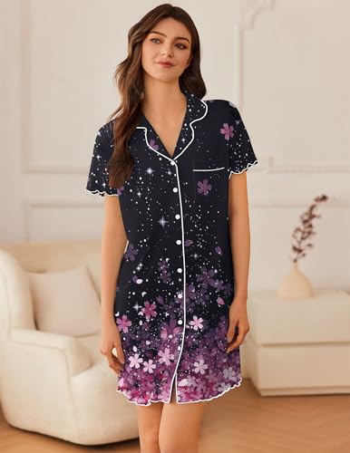 Image of Ekouaer Nightgowns for Women Button Down Sleep Shirt Short Sleeve NightShirts Boyfriend Sleepdress Soft Pajama Dress