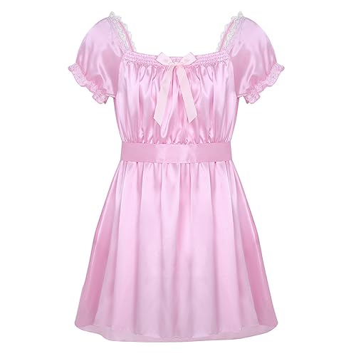 Men's Girly Nightdress Shiny Satin Lingerie Puff Sleeve Dress Sissy Cross Dresser Nightwear