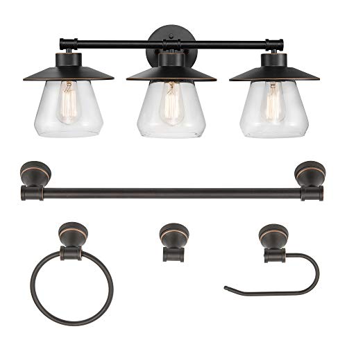 Globe Electric 51496 Nate 5-Piece All-in-One Bathroom Set, Oil Rubbed Bronze, 3 Vanity Light with Clear Glass Shades, Bar, Towel Ring, Robe Hook, Toilet Paper Holder by Globe Electric - Used condition - CA$60.03