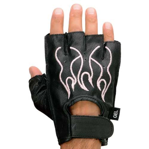 Image of Milwaukee Leather SH198 Men's Black Flame Embroidered Fingerless Gloves with Gel Palm | Padded Comfort; Vibration Relief; Flame Embroidery