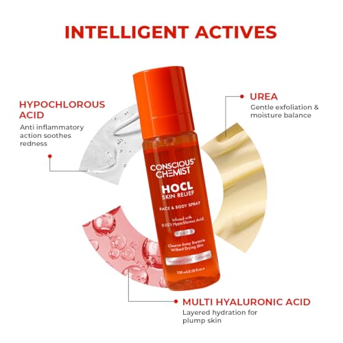Image of Conscious Chemist HOCL Skin Relief Face & Body Spray | 100ml | Soothing & Repairing Toner | Hypochlorous Acid Mist for Quick Relief from Body Odour, Acne, Redness & Irritation | Soothes Sensitive & Irritated Skin, Suitable for All Skin Types | men & Women