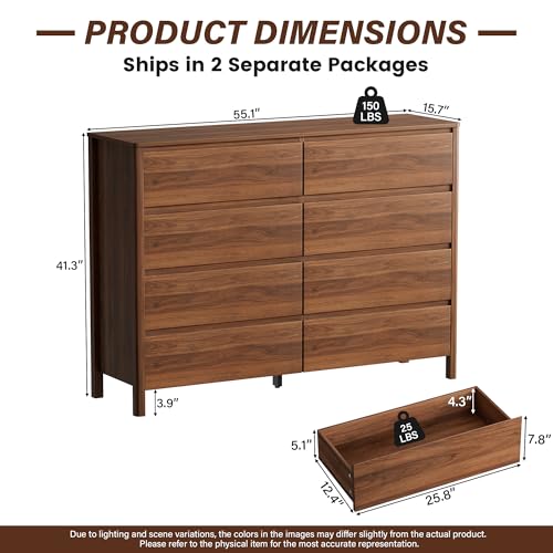 Image of Furniway 55 inch Mid-Century Modern Dresser for Bedroom, 8 Drawer Wide Chest of Drawers with Wood Legs, Large Storage Bedroom Dresser, Walnut