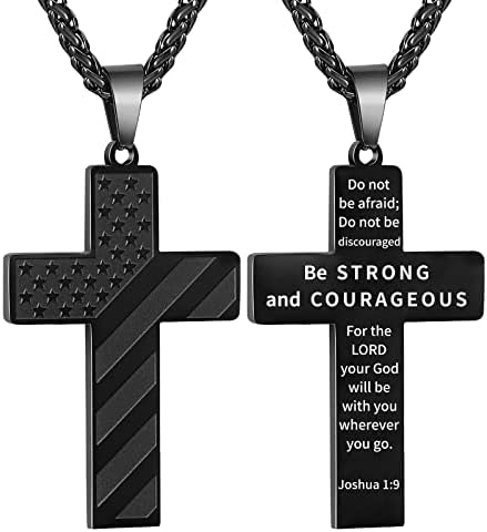DuoDiner 18+2 Inch Cross Necklace Bible Verse Stainless Steel American Flag Pendant Chain for Men Jewelry Gift