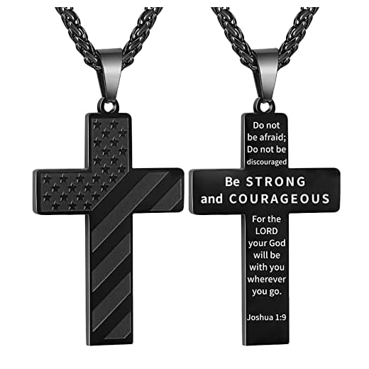 DuoDiner Black Cross Necklace for Boys Men Pendant Chain Stainless Steel American Flag Joshua 1:9 Baptism Religious Christian First Communion Confirmation Jewelry Gift Valentine's Day Boyfriend