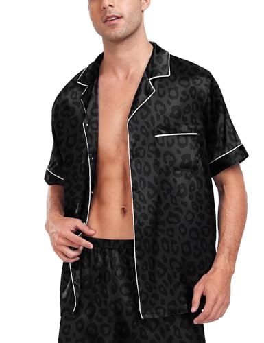 Image of SWOMOG Men Satin Silk Pajamas Sets Short Sleeve Sleepwear Button-Down PJs Sets Two-Pieces Loungewear with Pockets
