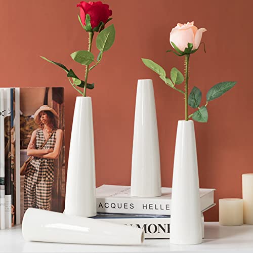 Tall Conic Ceramics Flower Vase Small Bud Vase Flower Vase Decorative Floral Vase Centerpiece for Home Wedding Table Bedroom Living Room Office Desk(White) - Image 4