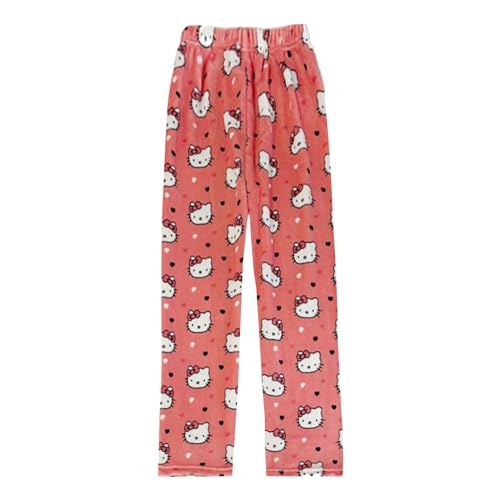 Image of BIUGNVW Anime Pajamas Pants Women Cartoon Family Christmas Pajama Pants Kawaii Flannel Pajama Pants Black and Pink