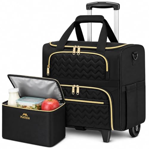 MATEIN Rolling Laptop Bag for Women, 15.6 Inch Rolling Briefcase with Wheels &Detachable Cart, Roller Computer Teacher Tote Bag with Insulated Lunch Box for Nurse Work Business Office, Deep Black