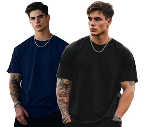 Image of Veirdo Solid Oversized 100% Pure Cotton Combo T-Shirt for Men & Boys (Half Sleeves, Round Neck, Drop Shoulder, Baggy Fit, Pack of 2, Available in S to 2XL