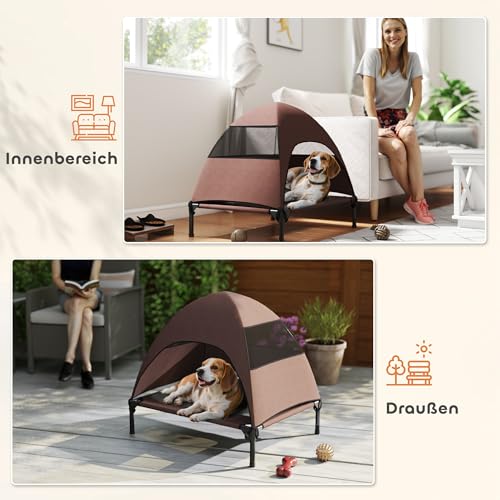 PawHut Hundeliege Outdoor mit Dach, Erhöhtes Hundebett für Mittelgroße Hunde, Kühlendes Haustierliege mit Waschbares Mesh Stahlrahmen Tragtasche, Haustierbett für Draußen Camping 76x61x71cm, Kaffee